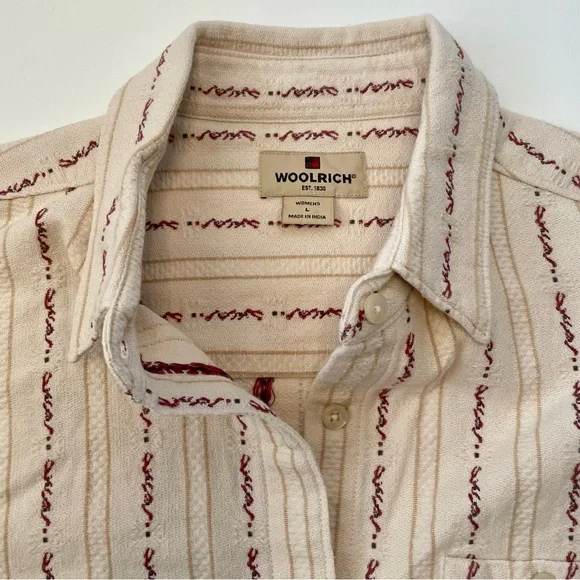 Vtg Woolrich Women’s Cream Burgundy/Red Tan Striped Cotton Button-Up Shirt Sz L - Picture 8 of 15